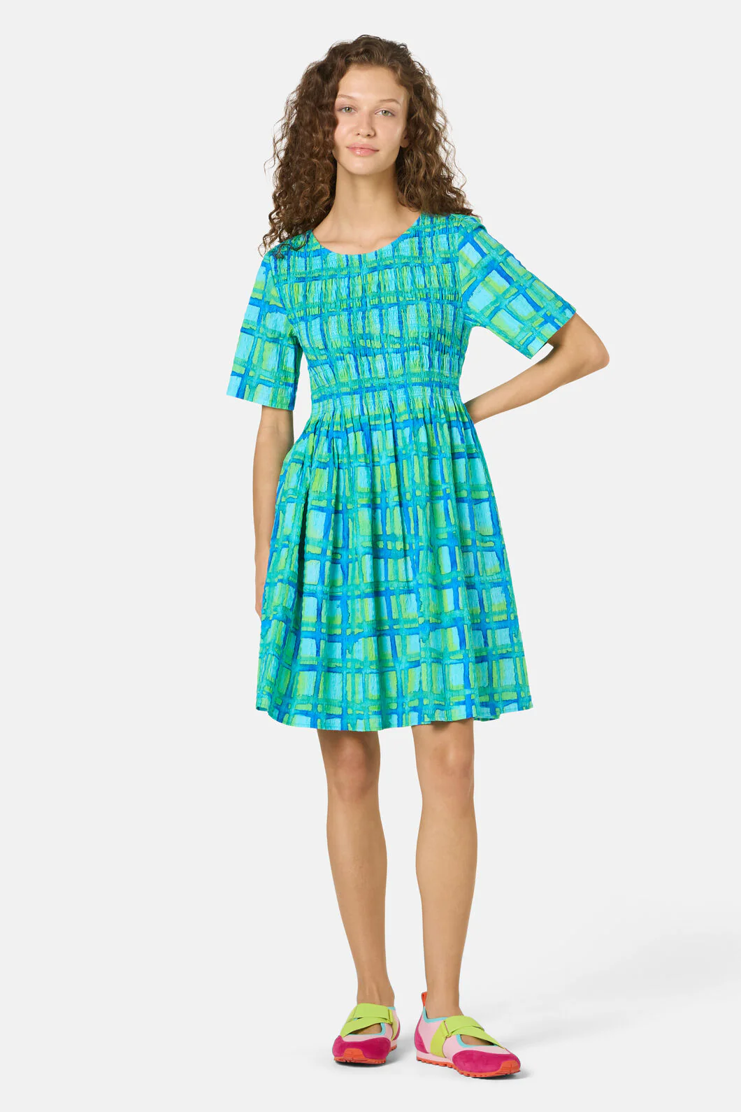 Montage Check Shirring Dress - Image 2